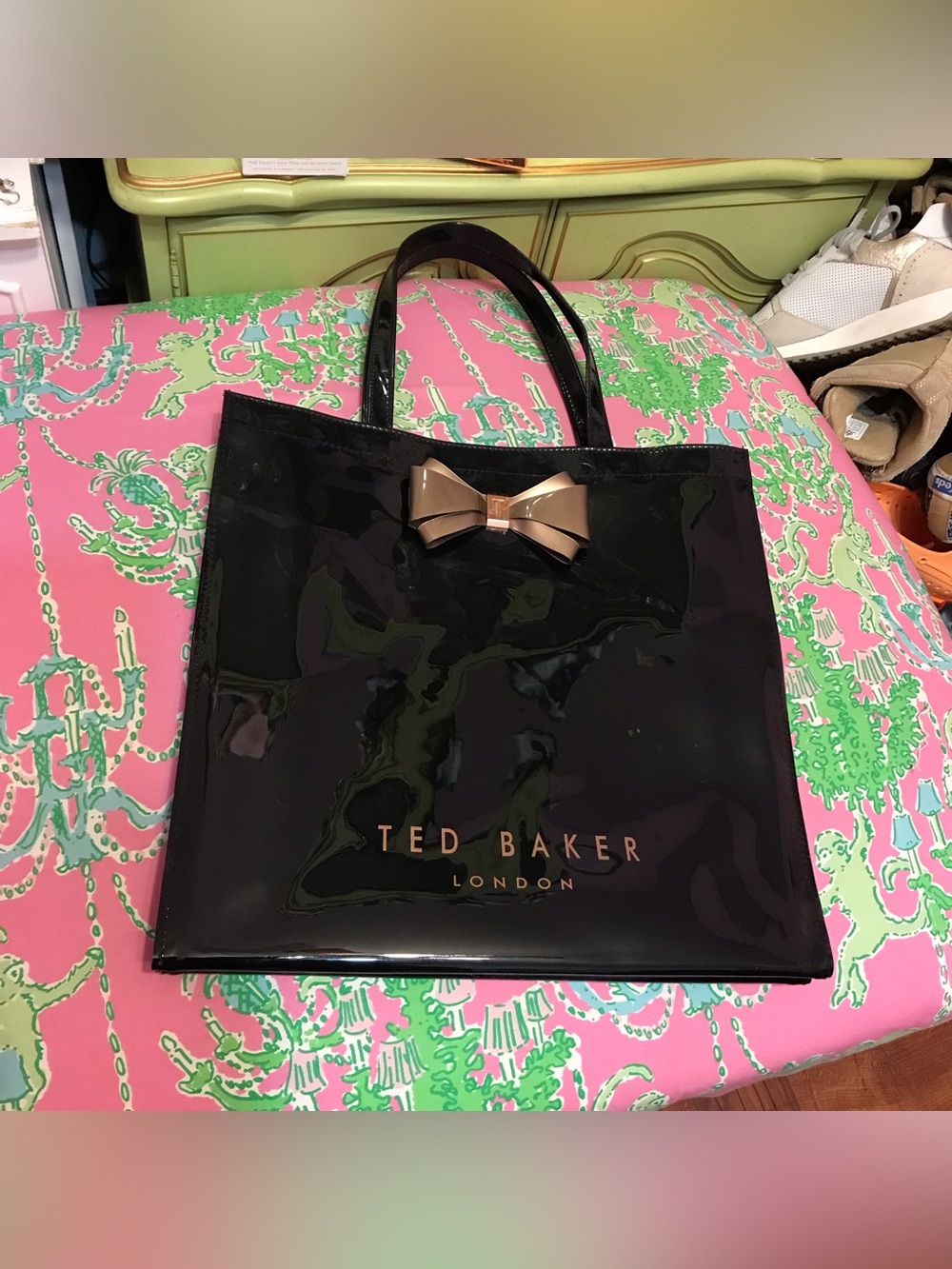 Ted Baker London Patent PVC Tote Bag Gold Bow In Glossy Black Finish